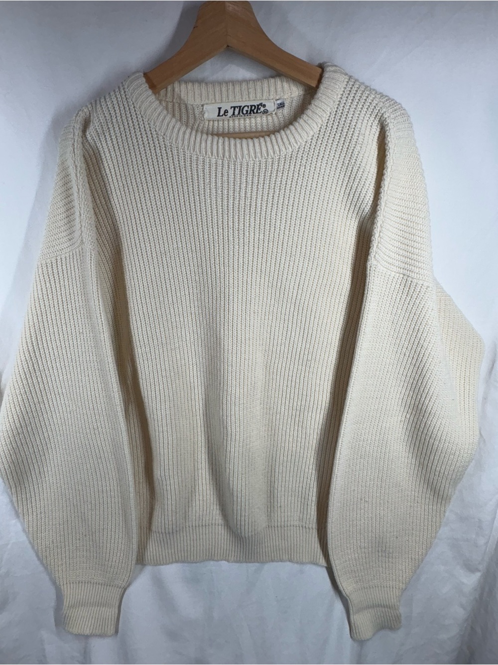Vintage Le Tigre XL Tall Cream Chunky Knit Sweater Made in USA